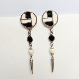 Vintage Retro Black and White Dangle Stud Earrings Large Statement Drop 3"+ Long